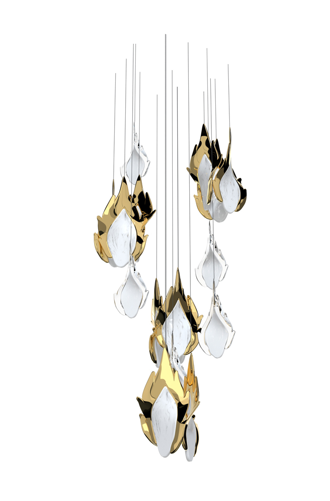 FLAME 3 Color: crystal opal mist + crystal/crystal opal mist + gold Diameter: 430 mm (16,93 in) Height: 900 mm (35,43 in) Weight: 13,5 Kg Light source: 4 x G9