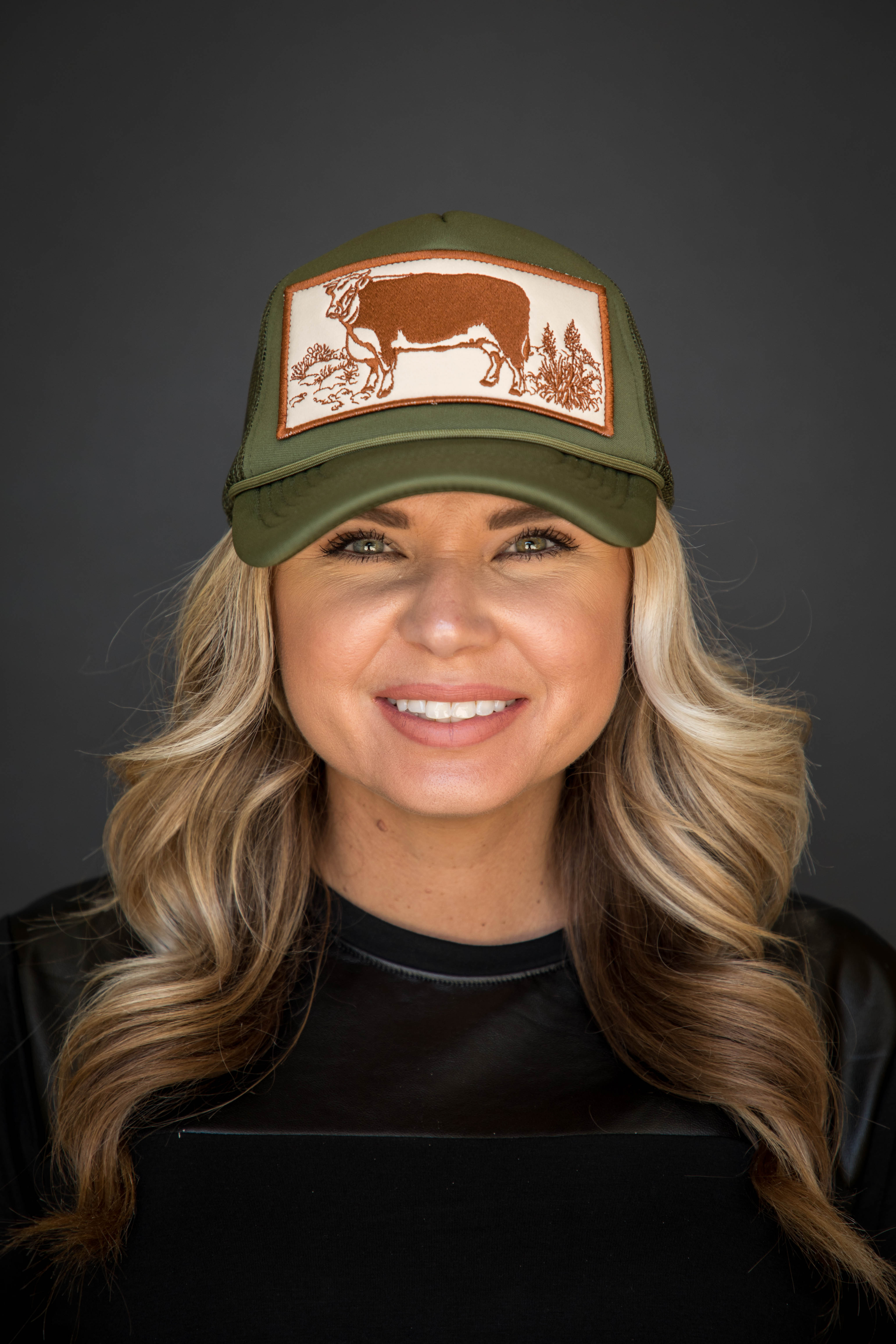 Olive Green Trucker cap with Vintage Style Hereford Embroidered Patch