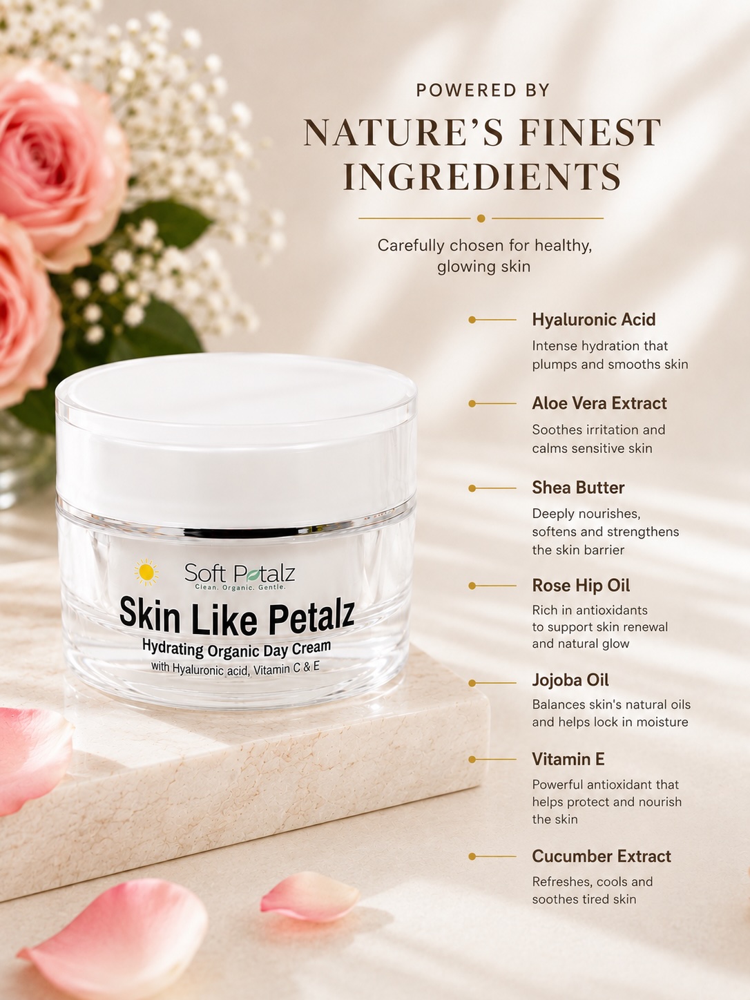 Soft Petalz Skin Like Petalz Day Cream is a luxurious, nutrient-rich daytime moisturizer designed to protect, hydrate, and awaken the skin, while maintaining the purity and gentleness.