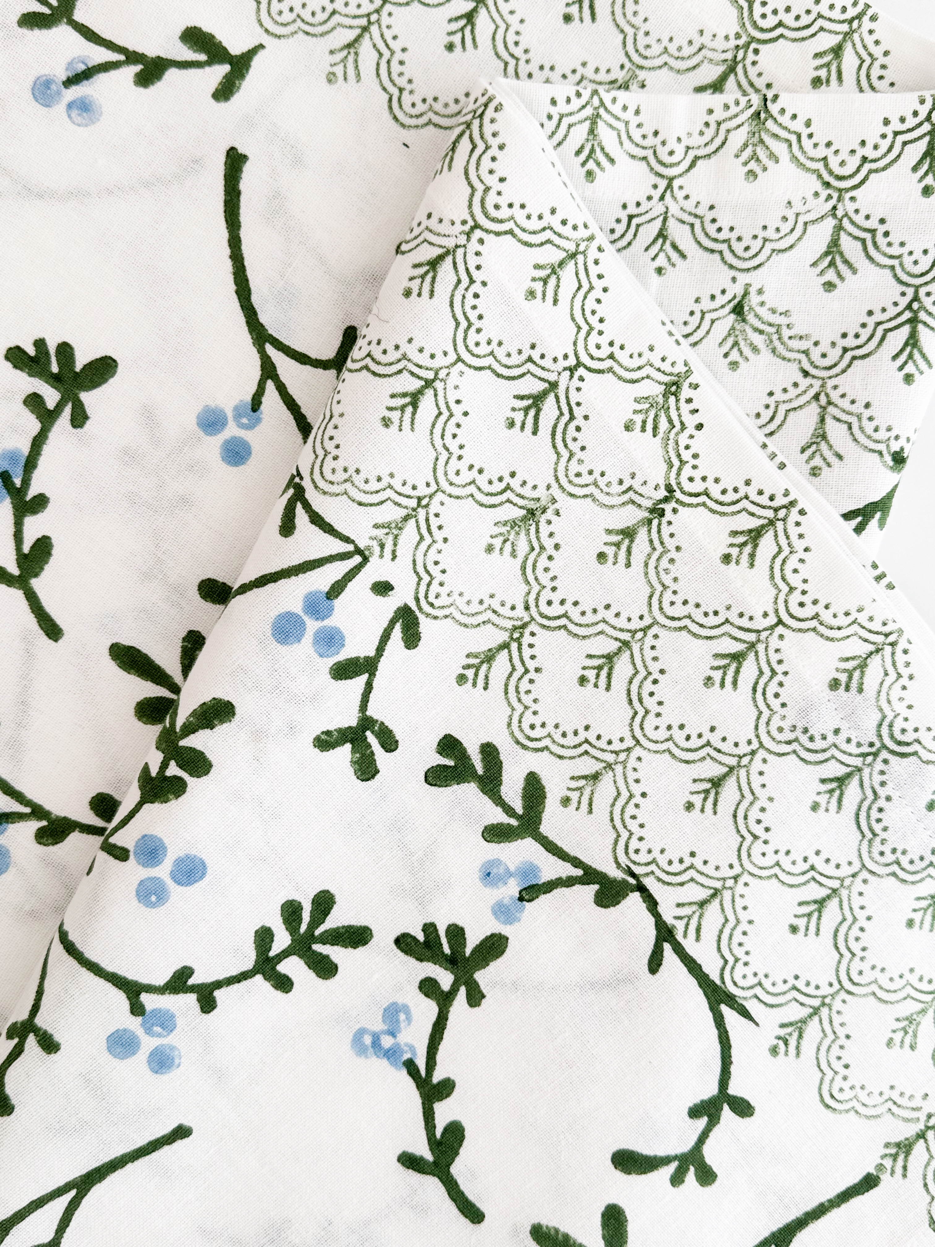 Classic Christmas in 2 color ways; Red & Evergreen or Light blue & Sage, in table runner, table throws, organic napkins or tea towels.