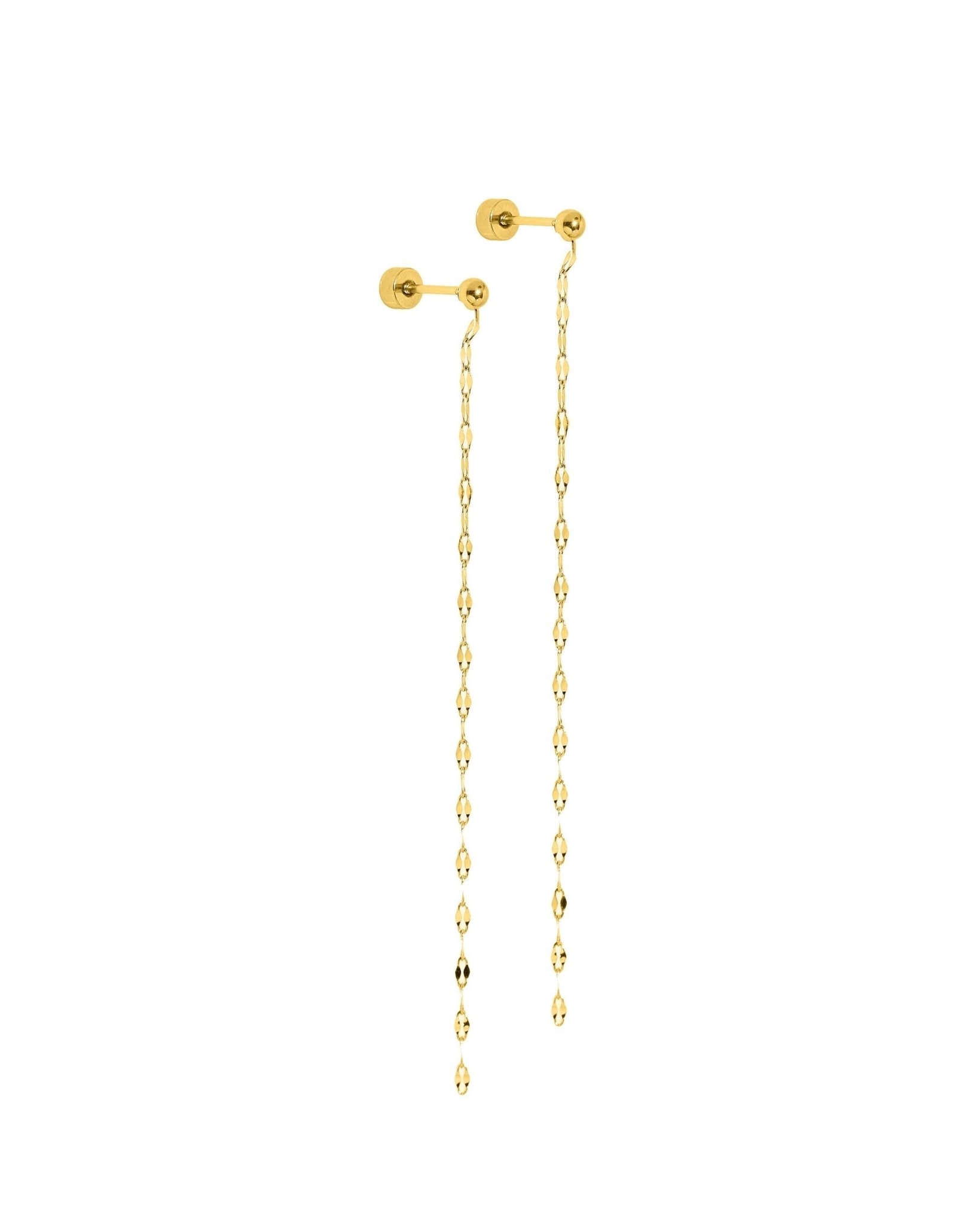 Lightweight flat-back duster earrings with a delicate gold chain. Waterproof, hypoallergenic, and tarnish-resistant for comfortable everyday wear and effortless shine.