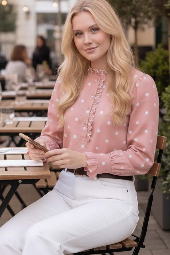 ruffled collar and placket scalloped detail polka dot blouse