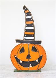 Striped Hat Wooden Jack-o-Lantern with LEDs