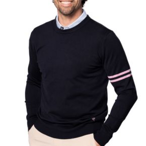 Navy CozySoft Fabric Crewneck Sweater with Double-Striped Engineered Sleeve Detail in Light Pink