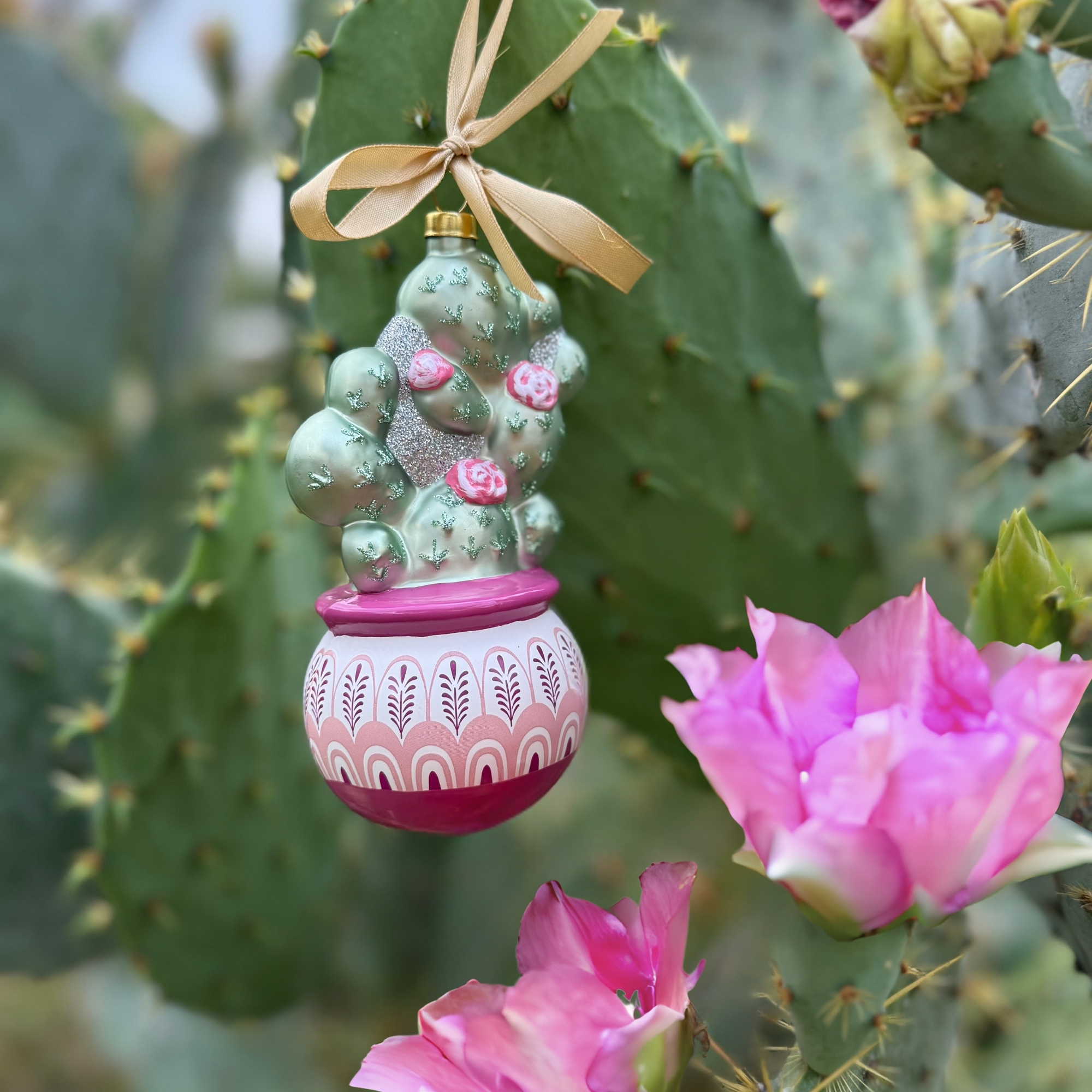 Prickly Pear Cactus in Pot Ornament shot on a Prickly Pear Cactus