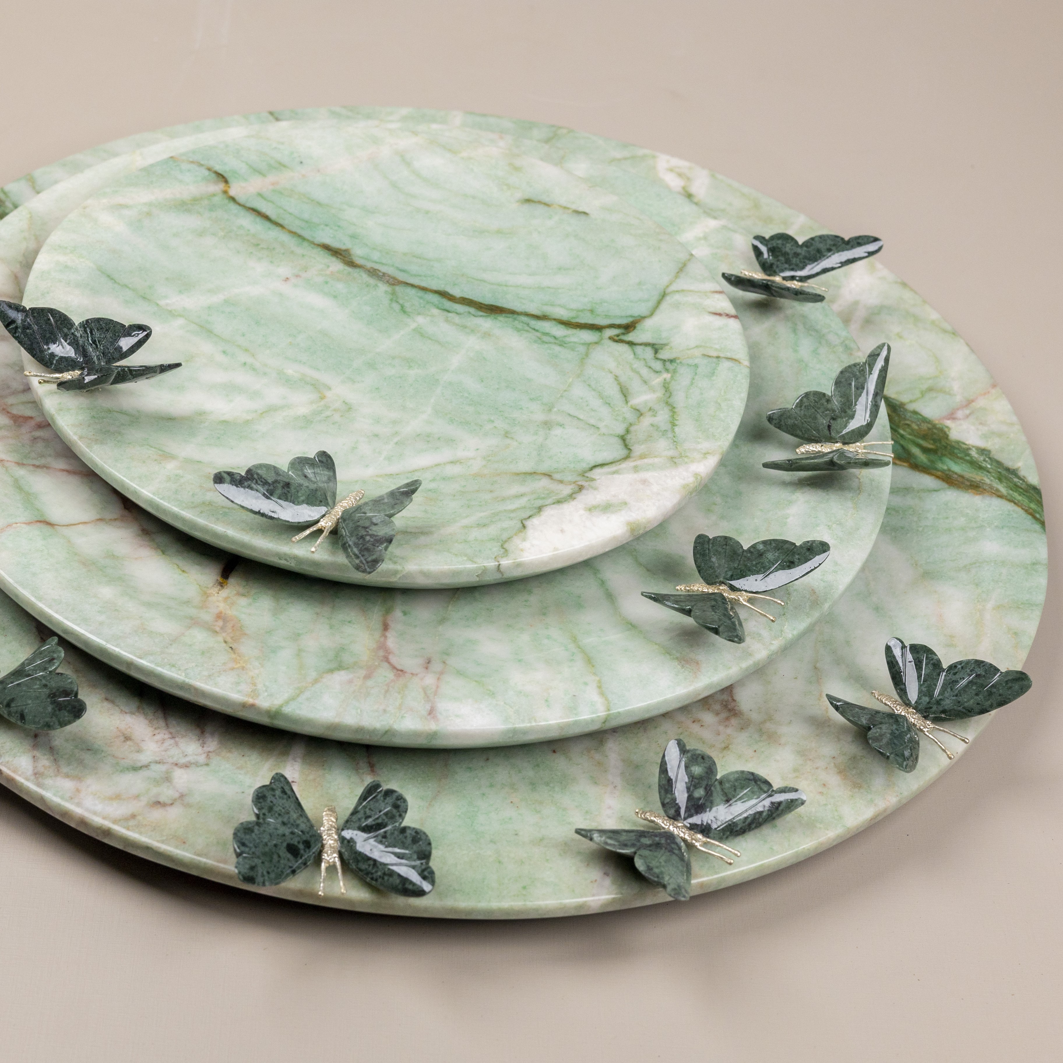 Three Green Quartzite Plates with Butterflies