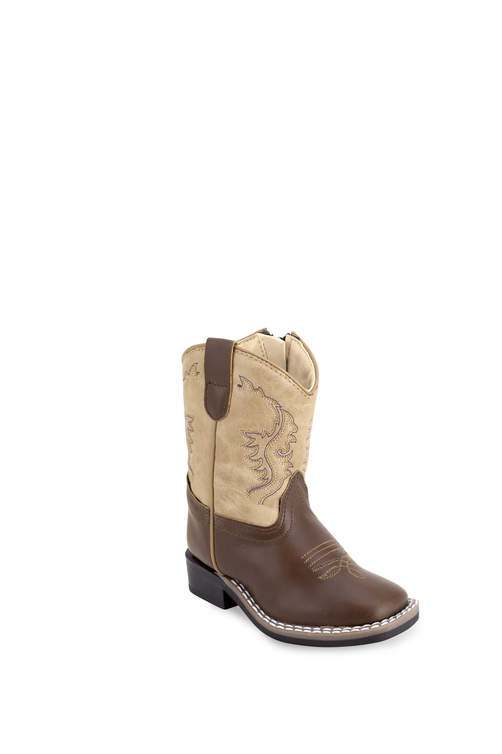 All over leatherette, 3 – row fancy stitch, vamp medallion, natural welt with white double row welt stitch, with side zipper, broad square toe and TPR outsole.(Toddler's)