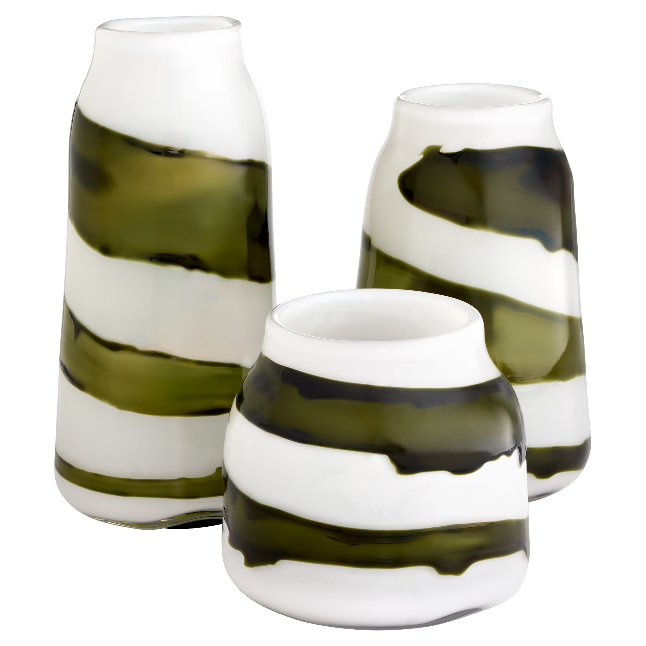 The Denali vases feature opalescent white swirled glass, with multiple shades of green carefully overlaid into a captivating design. 