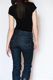 Blue-wash, Mid-rise, Modest bootcut, Fitted upper thigh and knee with a straight leg.