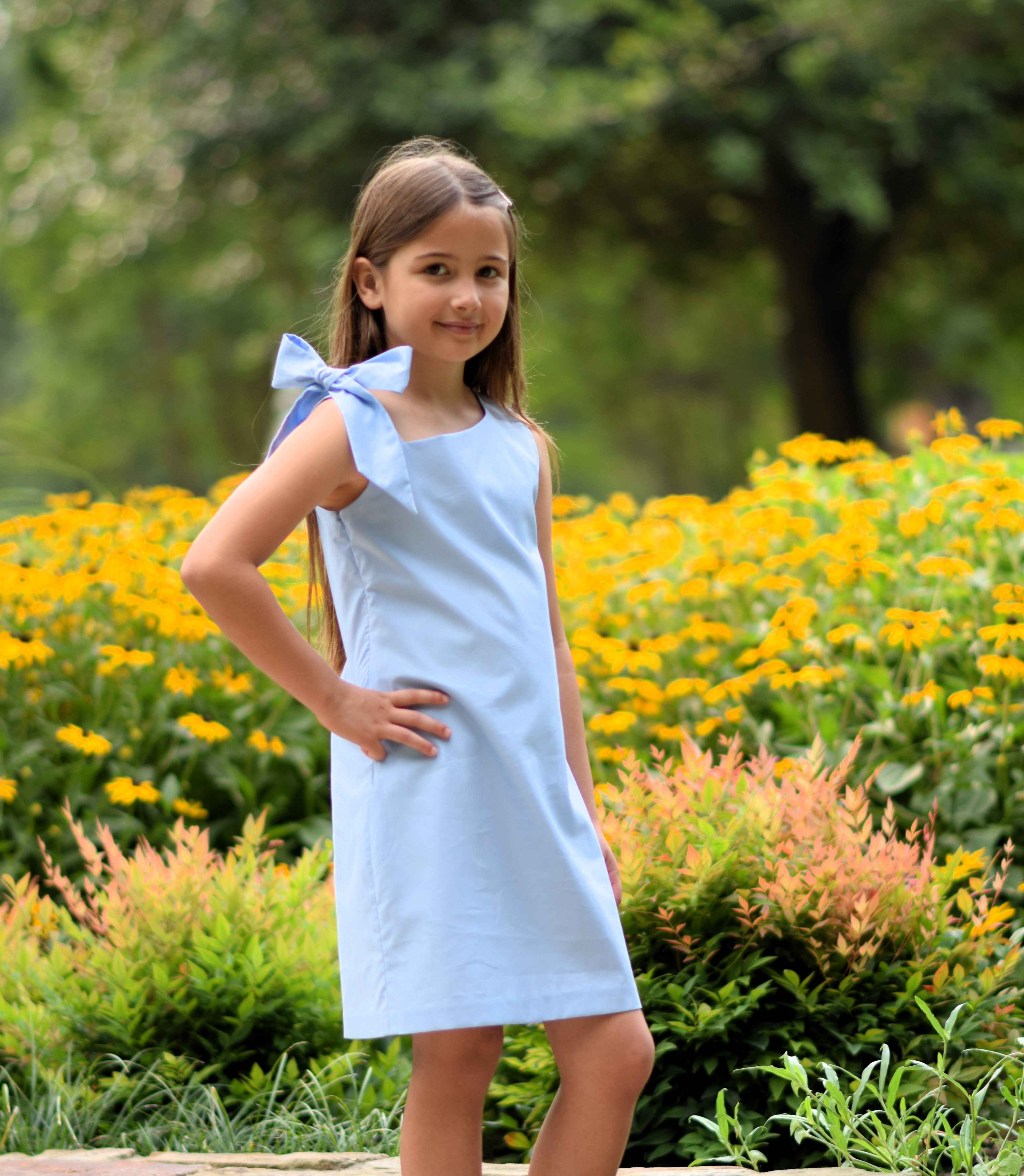 COTTON SATEEN SPRING DRESS WITH BOW ON SHOULDER