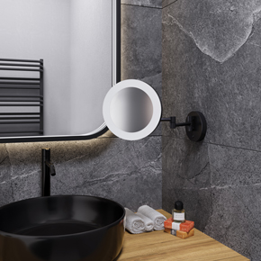 Glamour round wall mounted, hardwired makeup mirror with 3,000K halo LED light. 