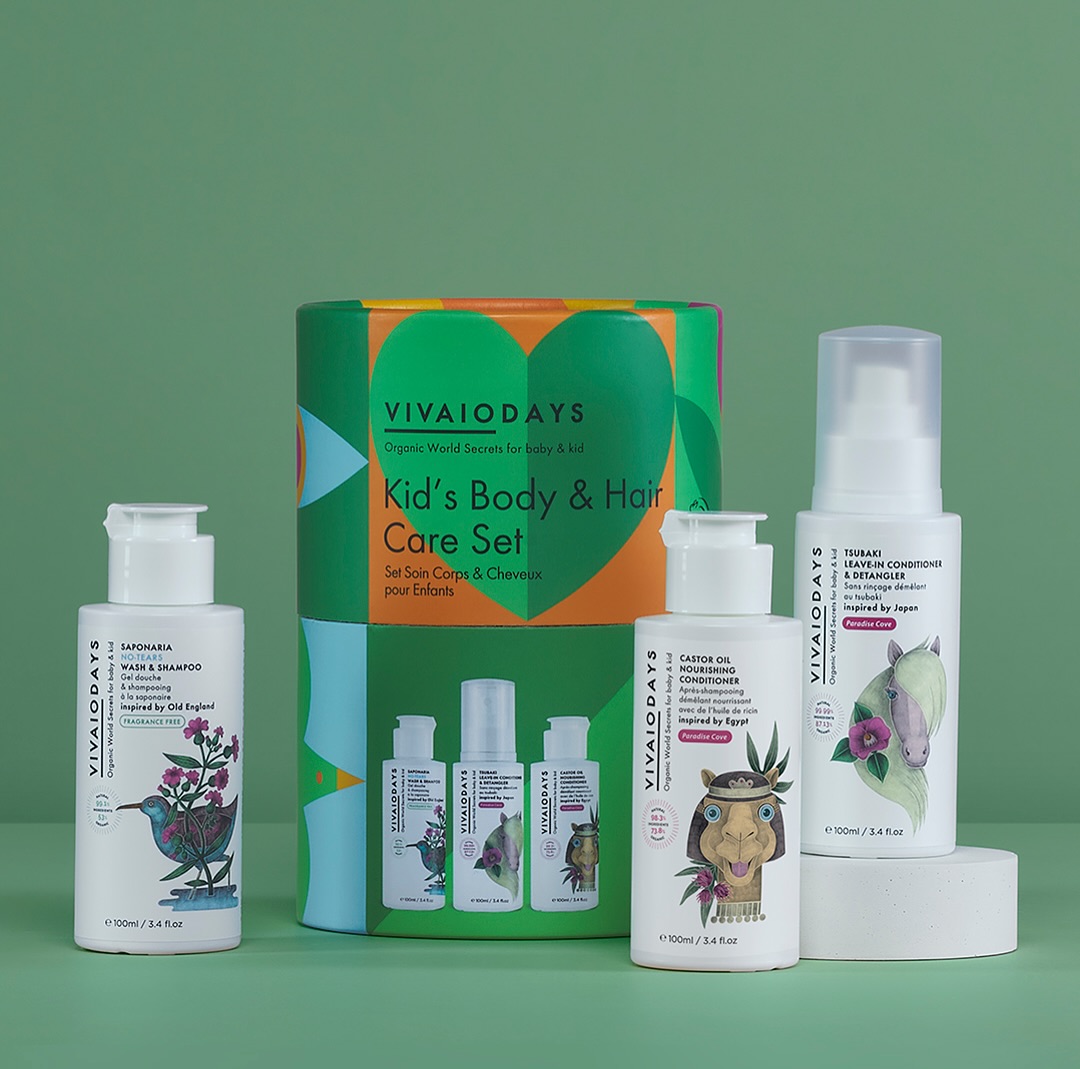 Artistic shelf-ready gift set featuring wash & shampoo, nourishing conditioner, and leave-in detangler for gentle bath and hair care. Colorful packaging designed for kids and specialty retail.