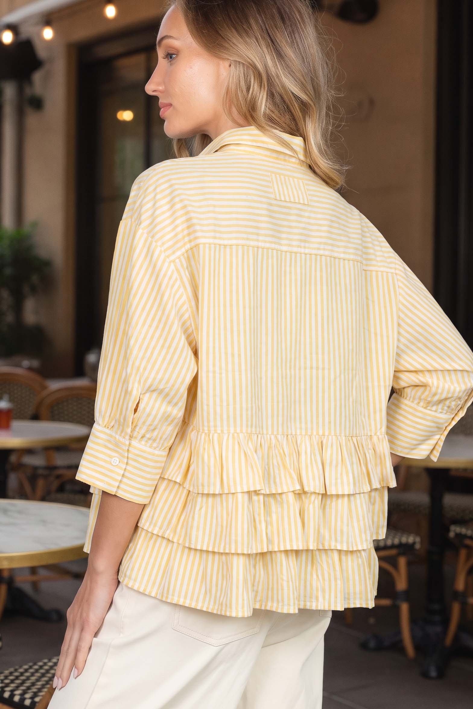  button-down silhouette tiered ruffle hem striped shirt