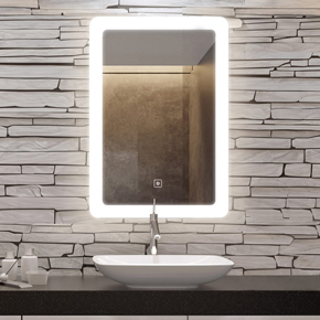 Eyla lighted mirror with frosted glass framing the mirror with 2” Radius Corners and polished edge, specifically designed for bathroom application.