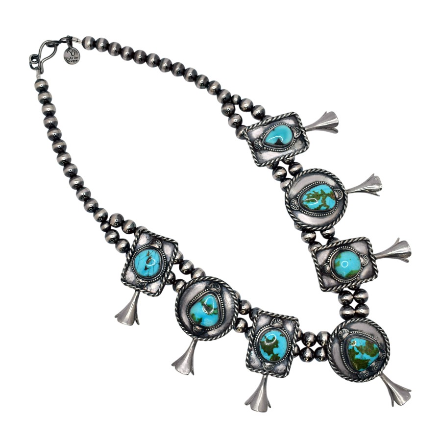 Sterling Silver Mini Squash Blossom Necklace featuring Sonoran Turquoise