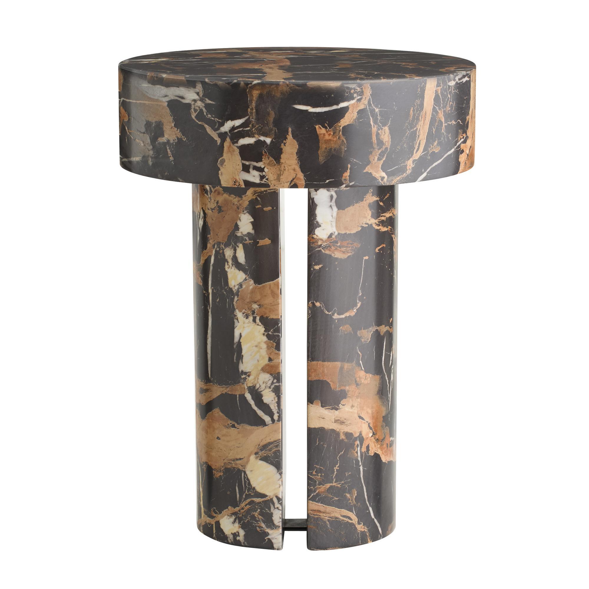 The texture and finish of petrified wood sculptures influenced the modern mix of shades found in our espresso & white hydroprint end table.