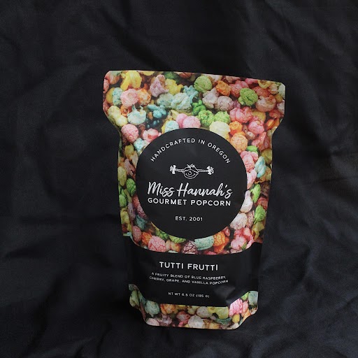 Front profile of Tutti Frutti Popcorn packaging