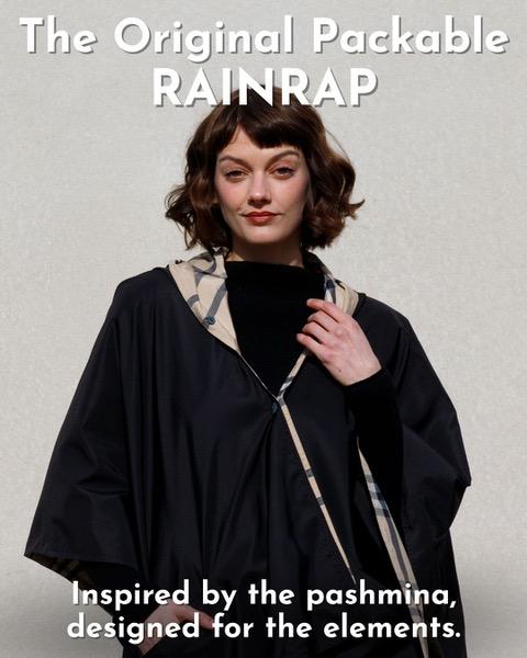 The RAINRAP is a chic and functional evolution of rain gear merging the stylish appeal of a pashmina with the versatility of a wrap, providing a modern solution for staying dry.