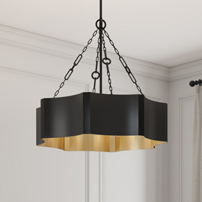 The Ottavio Collection of pendant lighting is highlighted by a modern take on the classic drum-style shade with dramatic fluted edges and decorative chainwork. 