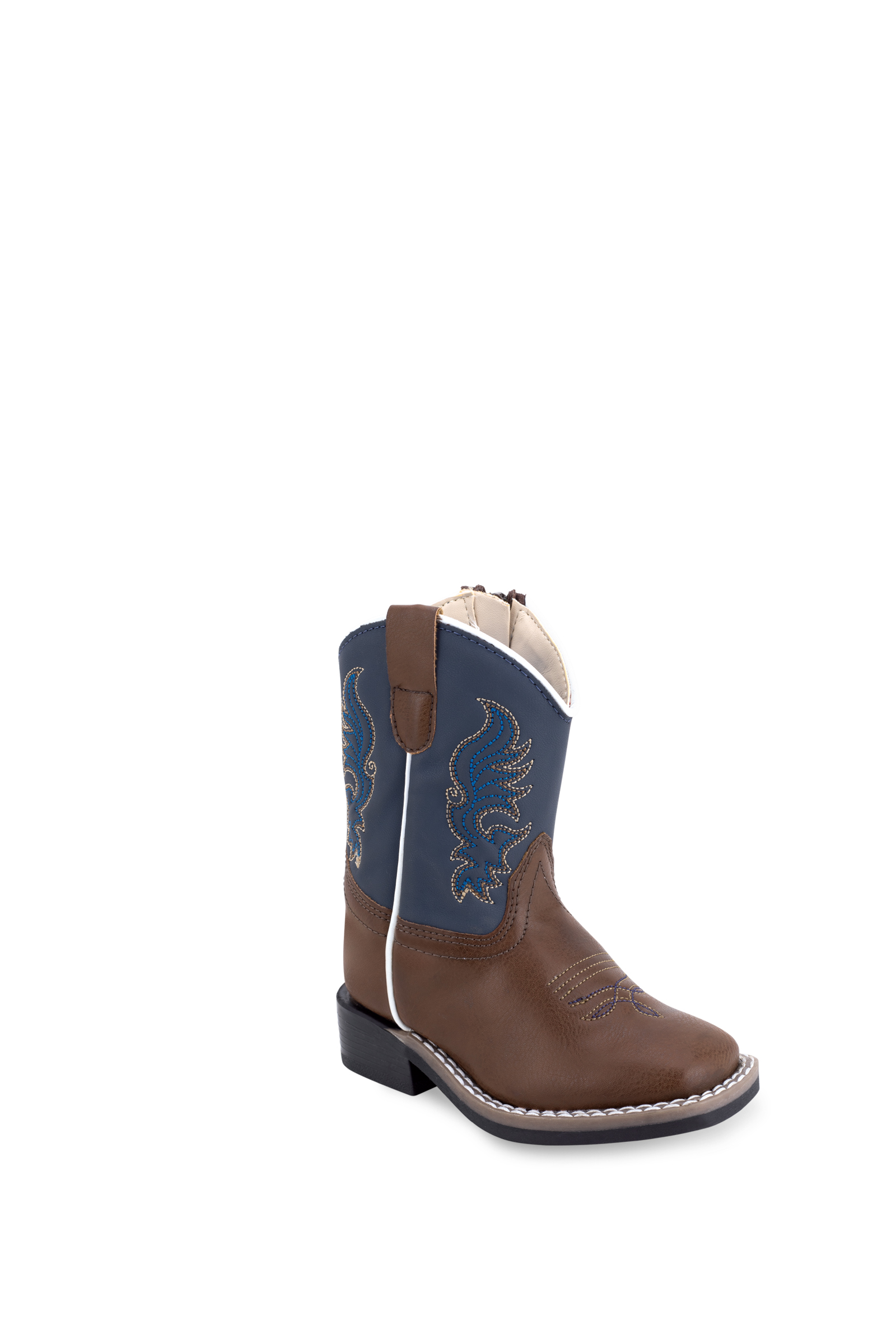 All over leatherette, 3 – row fancy stitch, vamp medallion, natural welt with white double row welt stitch, with side zipper, broad square toe and TPR outsole. (Toddler's)