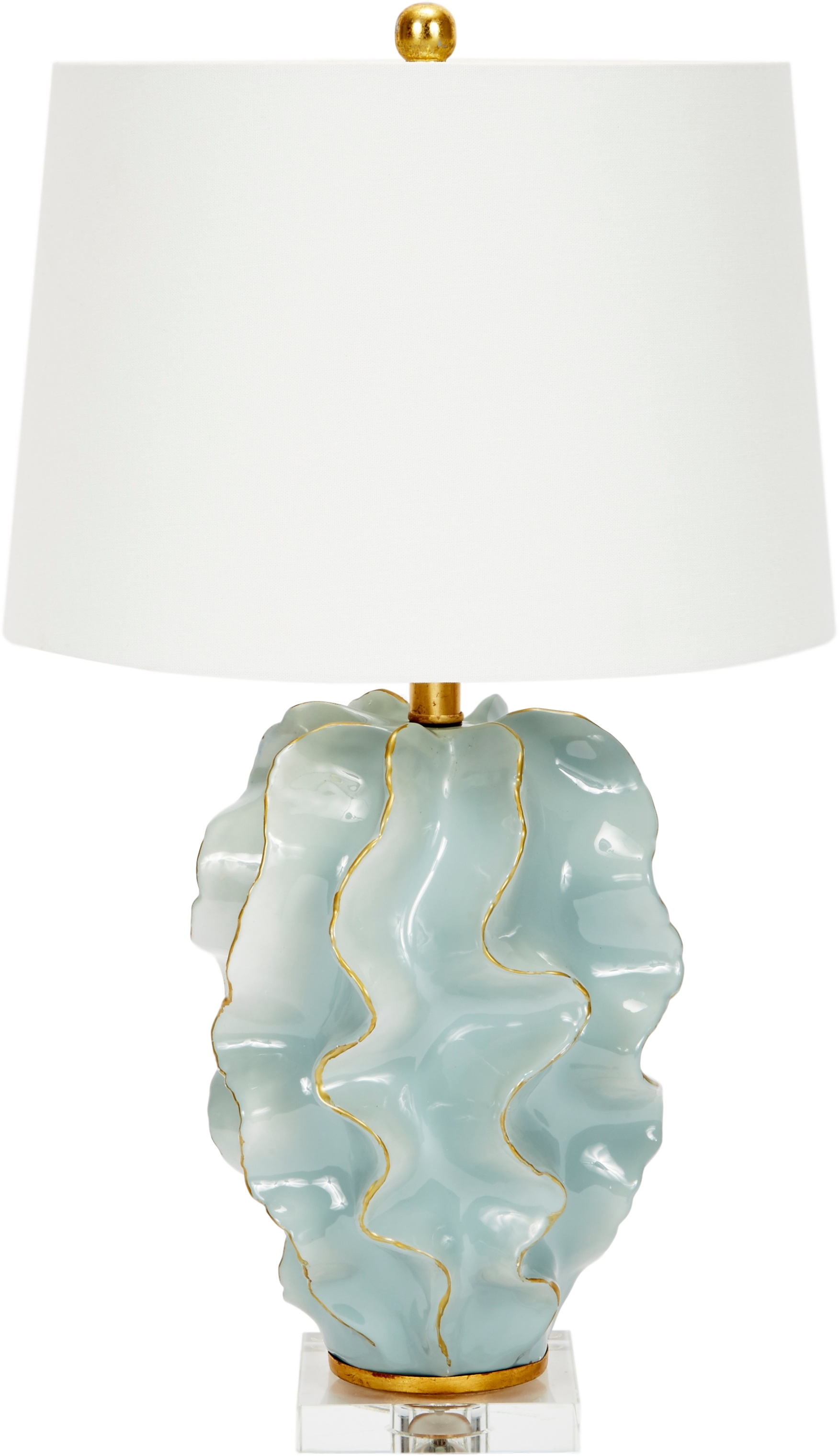 HANNAH BLUE CERAMIC WAVE LAMP WITH GOLD ACCENTS & WHITE LINEN SHADE
