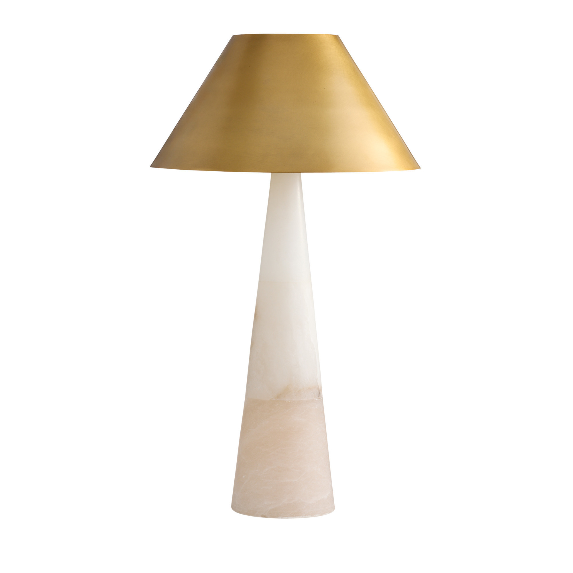 A slender cone of white alabaster meets an antique brass steel shade. This unexpected balancing act of material and color is updated in new materials with the same impactful silhouette