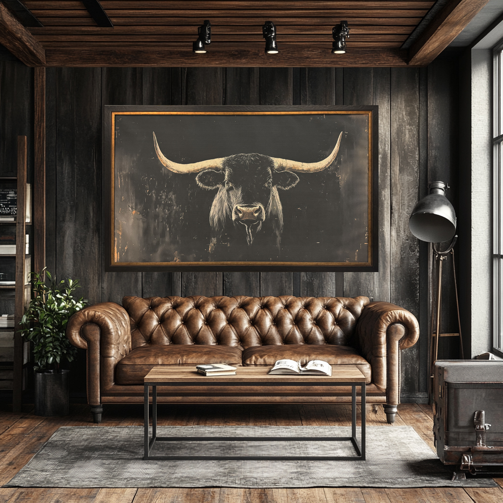 Our Black Bull printed on Raw Natural Canvas framed in our Distressed Espresso and Gold Frame