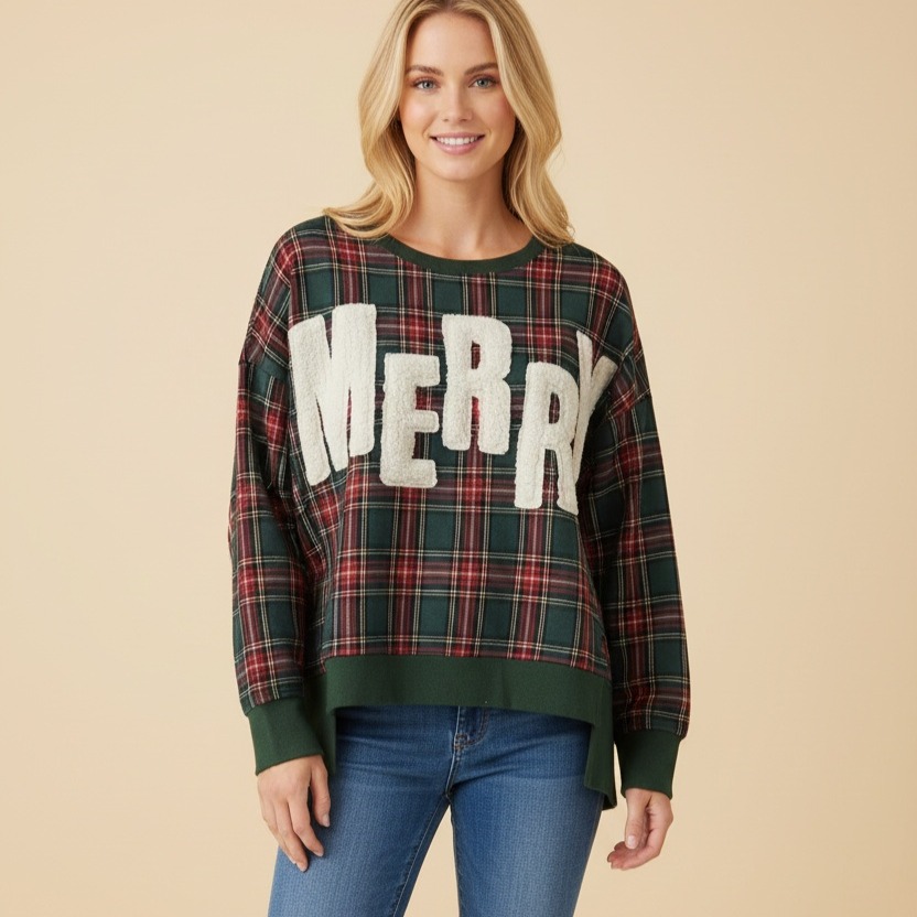Merry Plaid Sherpa Applique Pullover Sweatshirt