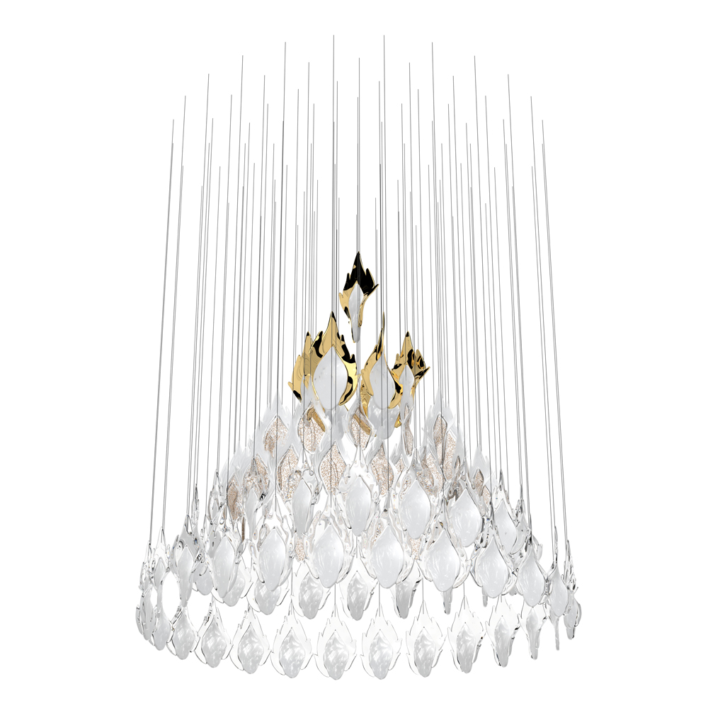 FLAME 8 Colour: crystal opal mist + crystal/crystal opal mist + gold/crystal with golden mica + opal mist Diameter: 1000 mm (39,37 in) Height: 940 mm (37,01 in) Weight: 41 Kg Light source: 6 x GU10