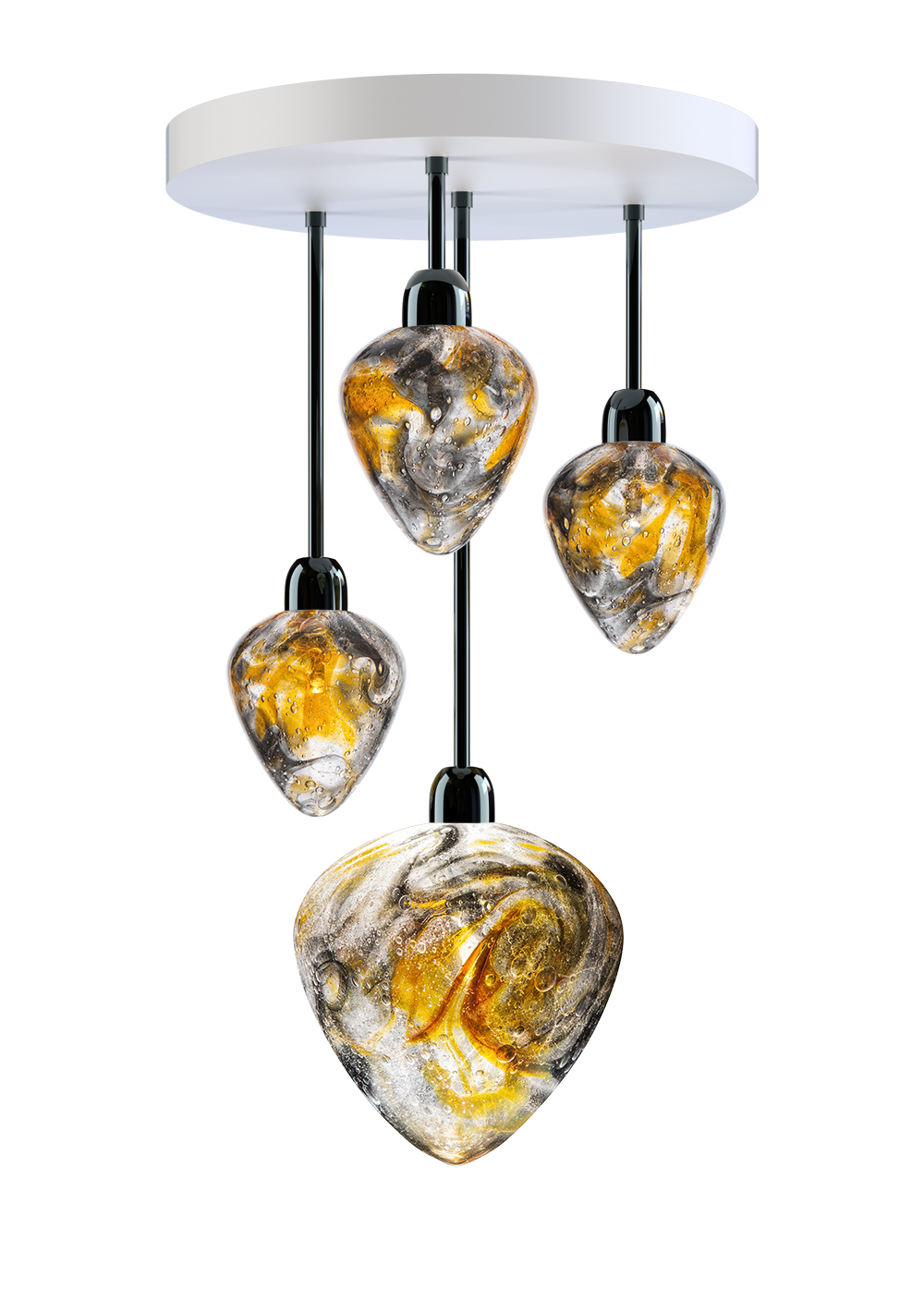 AMULET 2  Color: crystal + amber  + neutral grey  Diameter: 360 mm (14,17 in)  Height: 600 mm (23,62 in)  Weight: 5,1 kg  Light source: 4 x G4