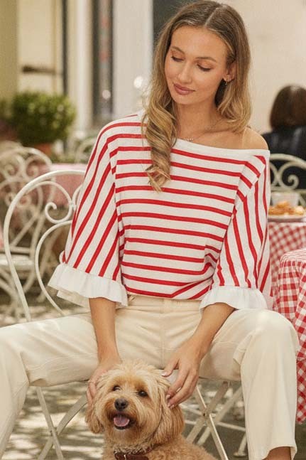 boat neck ruffle sleeve striped sweater