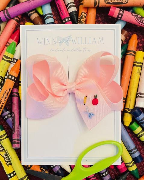 4" Back to School Via Bows in pink with an alligator clip