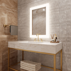 Silhouette lighted mirror with frosted glass framing the mirror with polished edge, specifically designed for bathroom application.