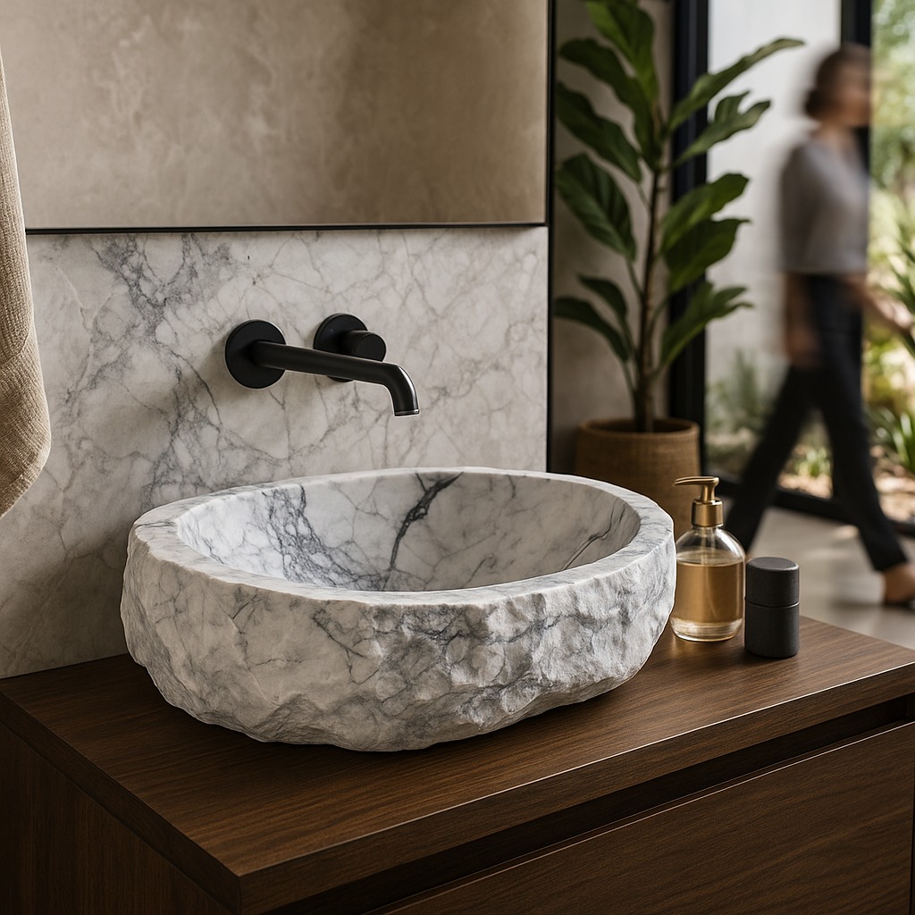 Sink carved in raw marble, where the natural texture of the stone meets artisanal precision.