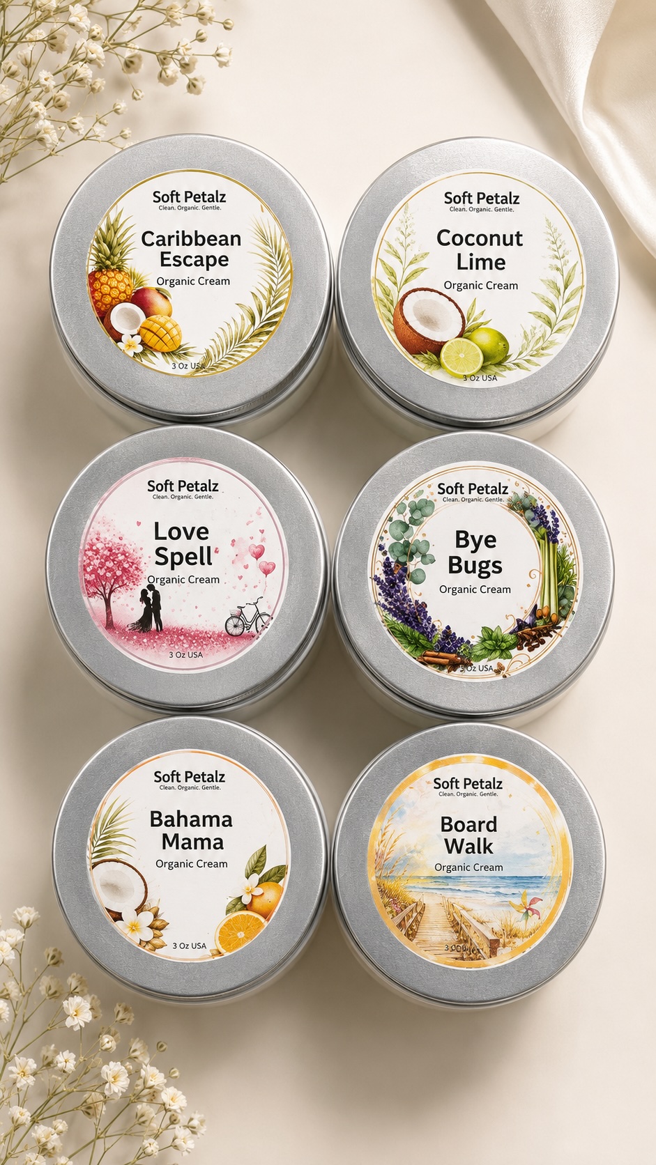 Soft Petalz Organic Creams are crafted with organic shea butter, cocoa butter, mango butter, and botanical hydrosols naturally rich in vitamins C and E. 
