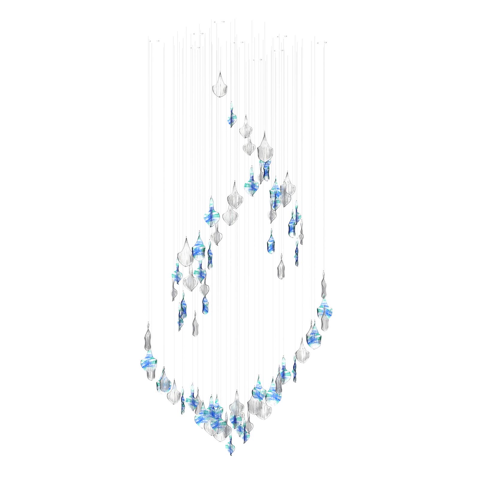 Color: crystal + ocean green + medium blue + optical pattern/crystal Diameter: 1550 mm (61,02 in) Height: 3200 mm (125,98 in) Weight: 23kg Light source: 9 x GU10