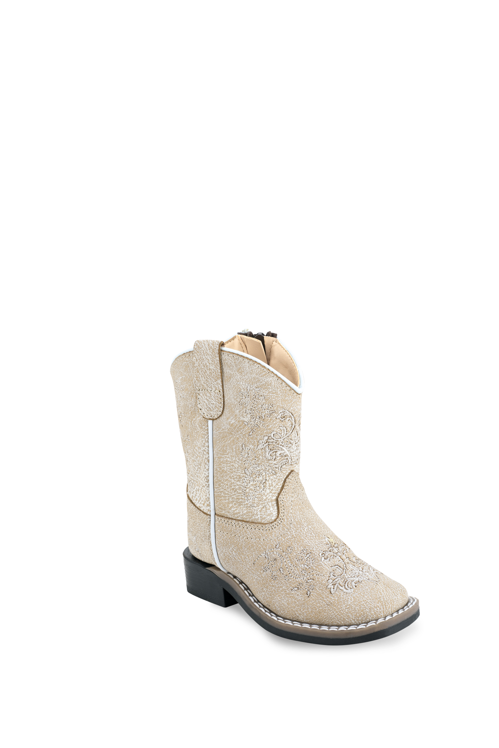 All over leather foot & shaft, fancy embroidery stitch with medallion, natural welt, white double row welt stitch, with side zipper, broad square toe and TPR outsole. (Toddler's)
