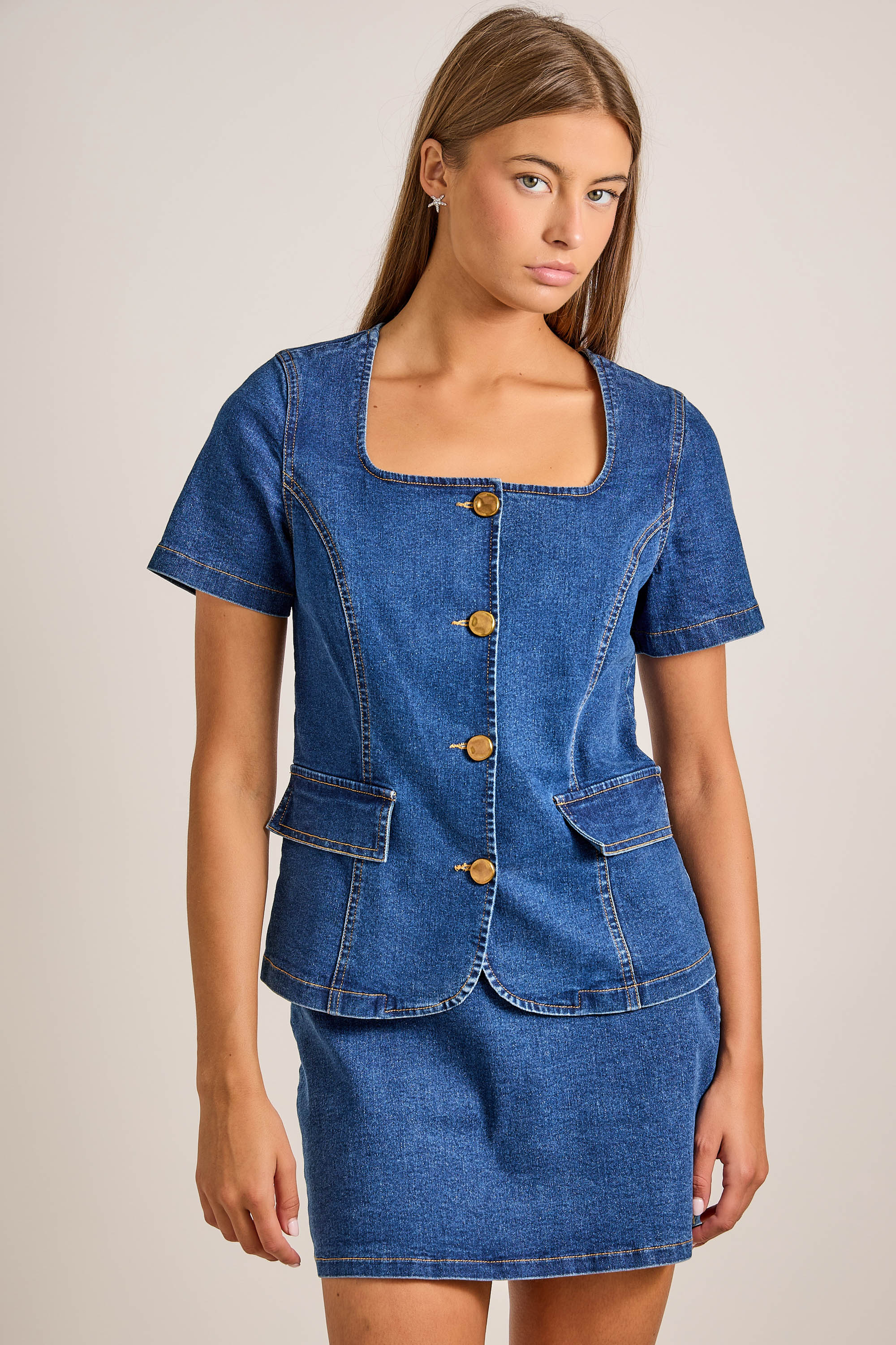 Fitted Denim Skort With Faux Pocket Slits
