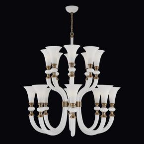 The Bianca Collection by Vice President of Design and Development at Kalco Takayuki Ishii, pairs an all-white cased glass chandelier with warm Winter Brass elements.