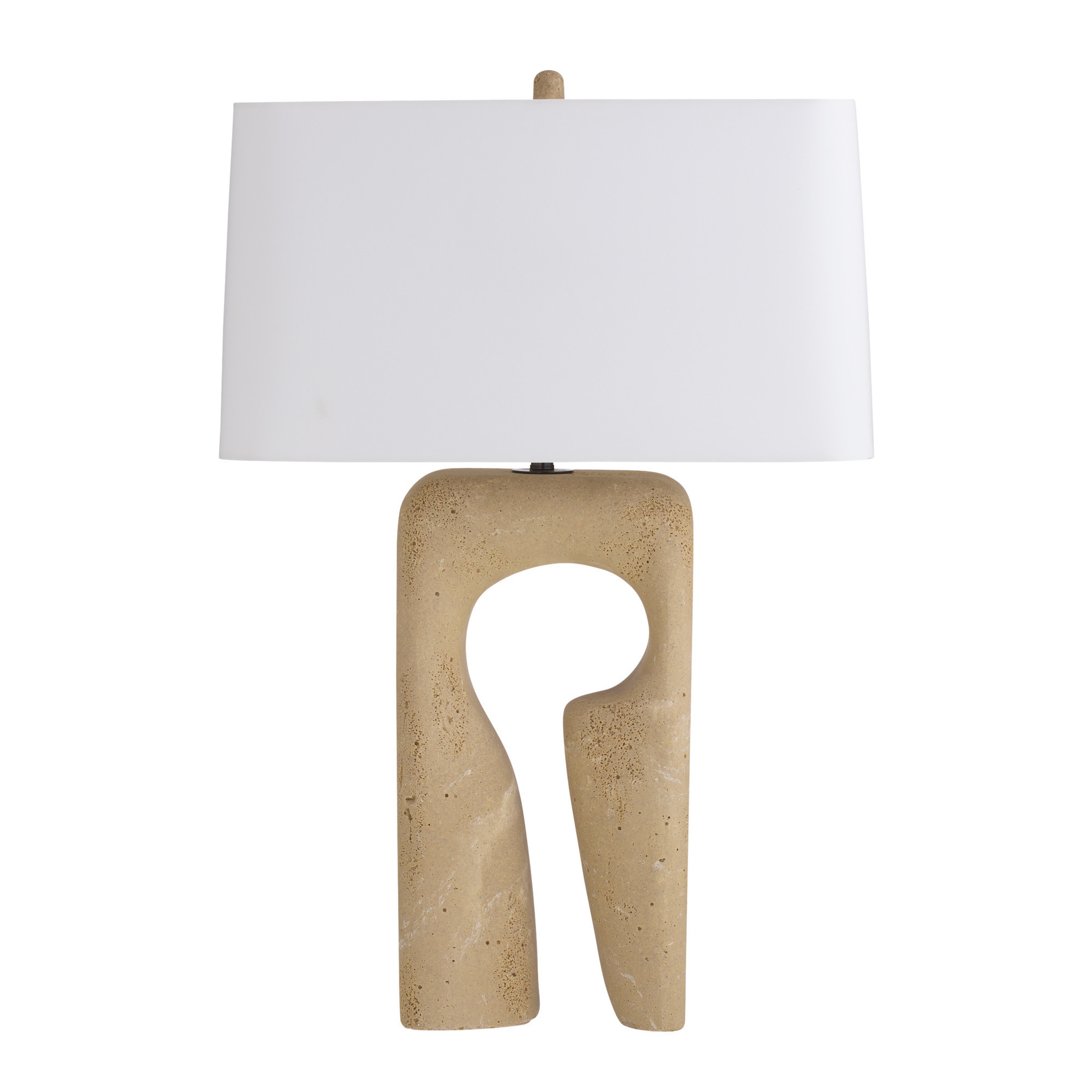 A sculptural form of sand faux travertine makes an artful base. This style's organic keyhole cutout plays with positive and negative space to lend an edge to any tabletop.
