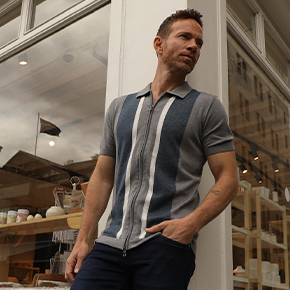 With colors reflecting the Mediterranean Sea within the thick vertical stripes, this full zip polo conveys luxury and styles from the beach to your travels.