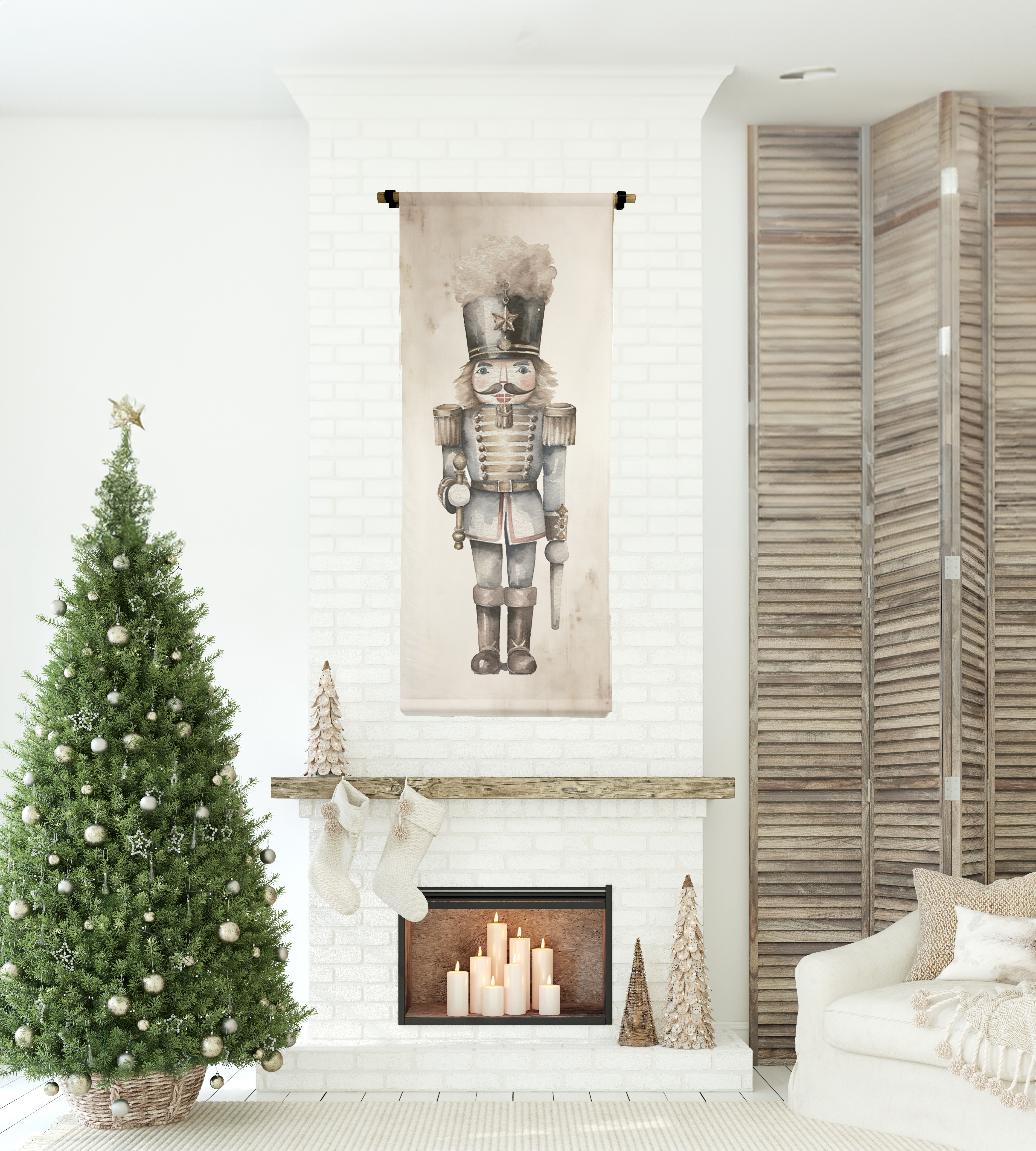 Printed on Raw Natural Canvas our Nutcracker 2 Scroll comes with a Hanging Hardware and a Top and Bottom Dowel. Easily changeable through seasons!