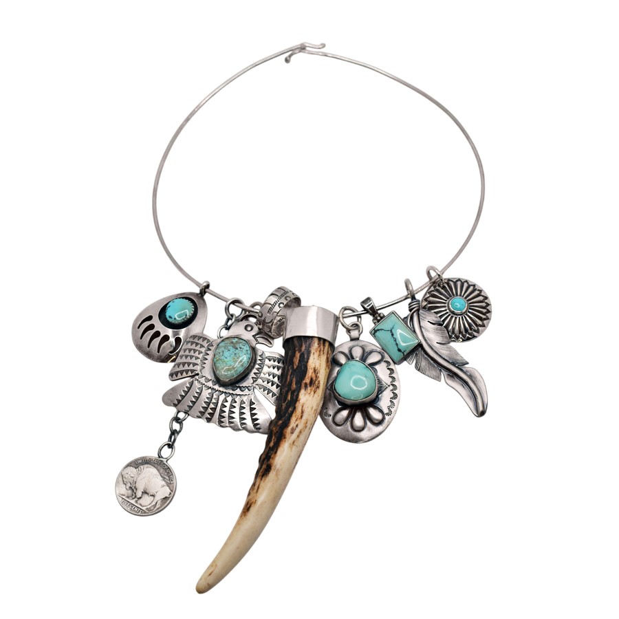 Mixed Turquoise, Antler and Sterling Silver Charm "Neck Mess" Necklace