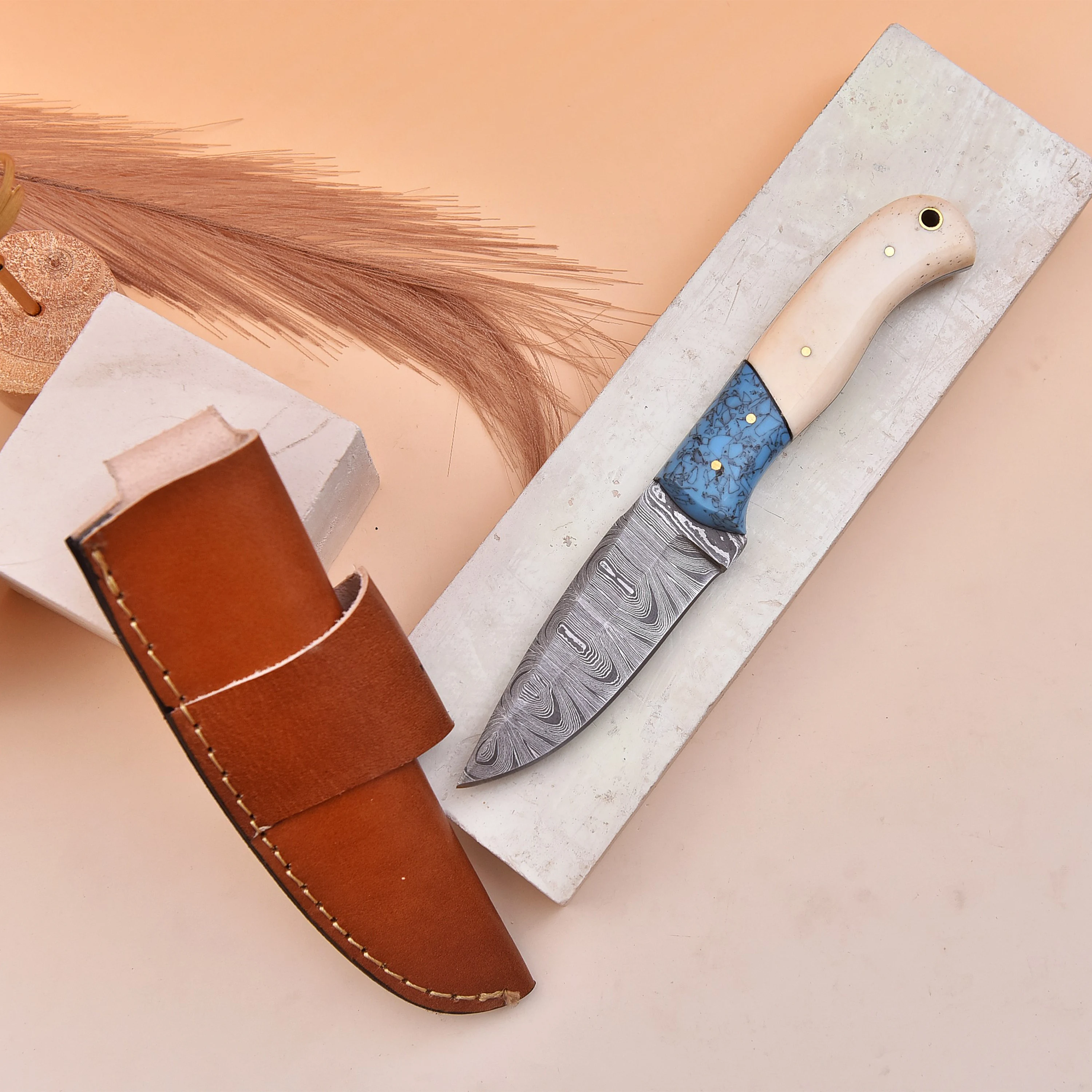 Hand Forged Damascus Steel Blade, Camel Bone handle & Turquoise Resin Bolster, comes with leather sheath