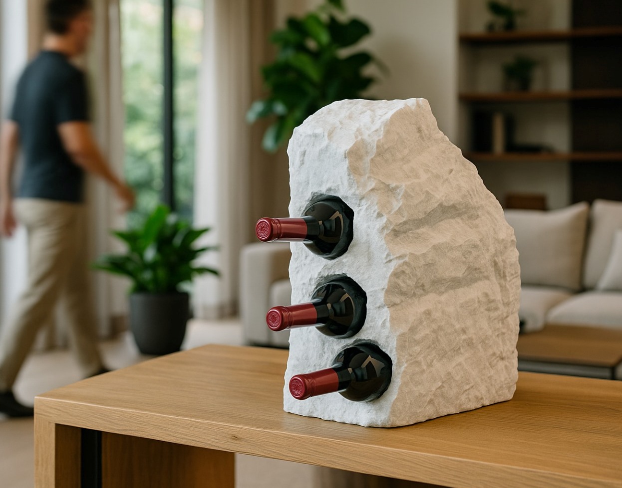 Cellar carved from Brazilian travertine, featuring raw contours that reveal the strength of the stone in contrast with the delicacy of design.