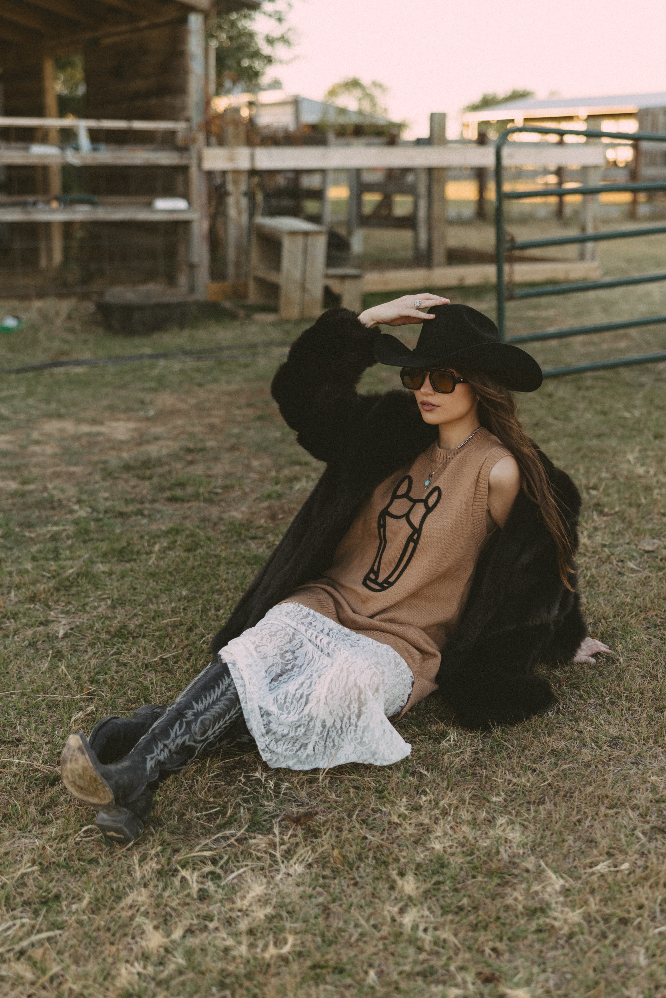 MOD Horse Embordered on a tan knit sweater dress 