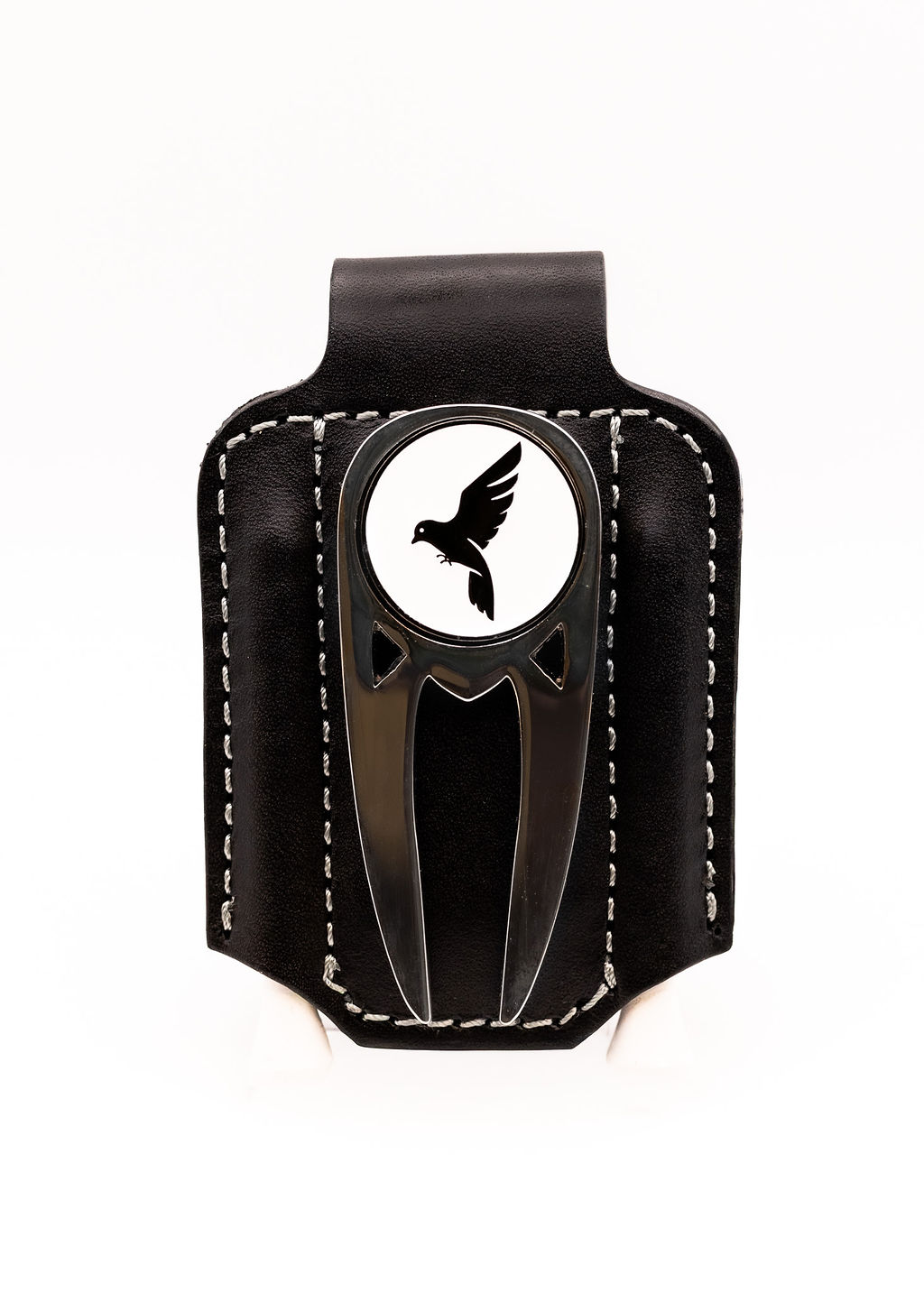 Black magnetic all in one golf accessory tool made of full grain leather that can be personalized.