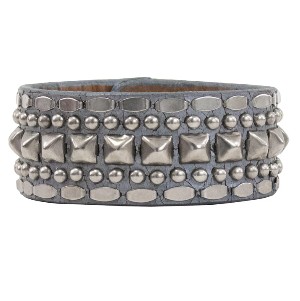 Signature hand studded artwork in solid brass, nickel or black on high-quality 1 inch leather bracelet with double snap enclosure.