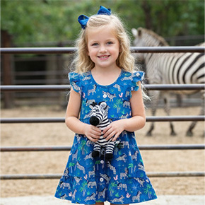 Back to school fun with this 3-tiered ruffle dress featuring whimsical zebras