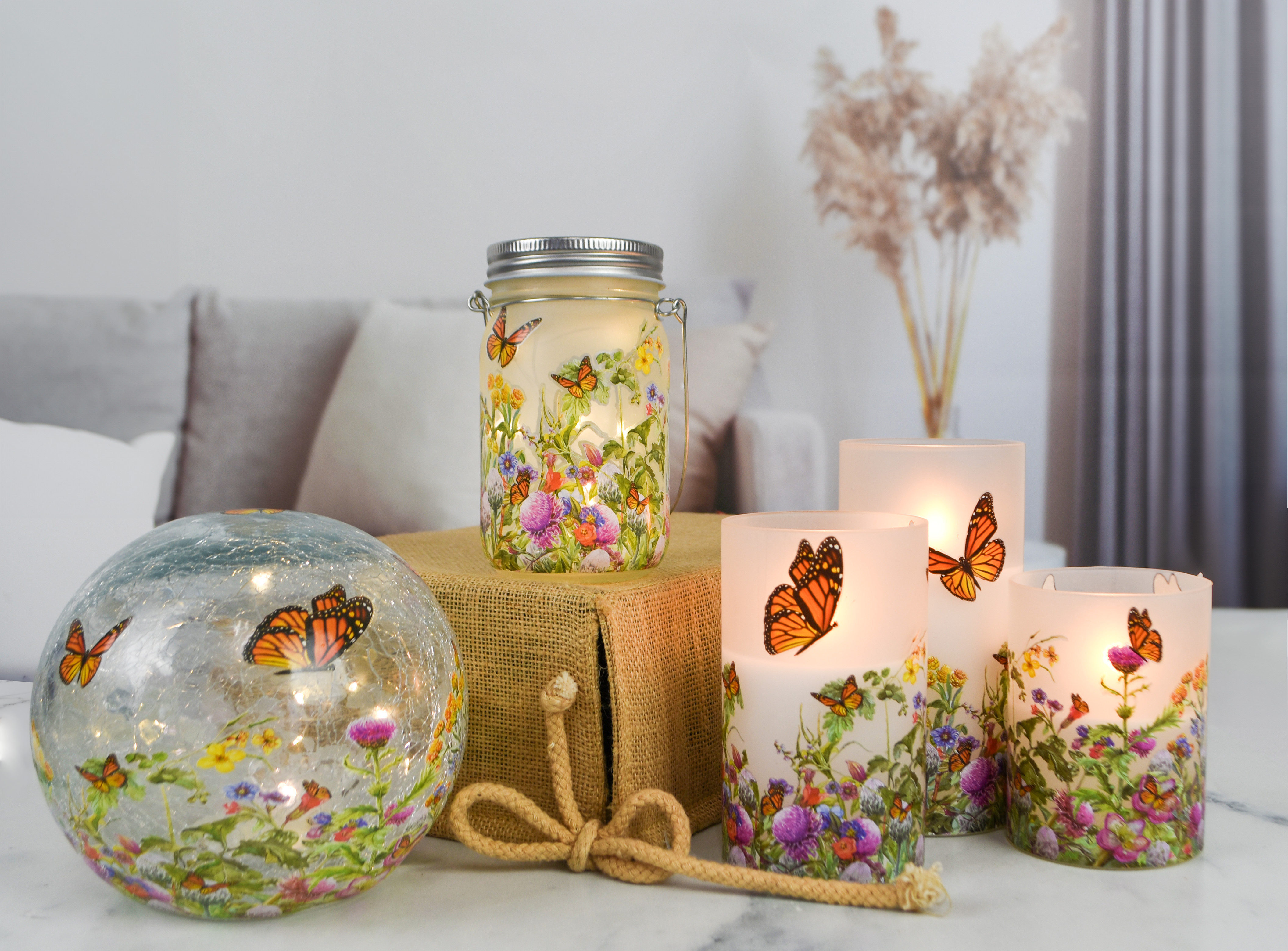 Candles, globe and Mason Jar LED Monarch butterfly collection